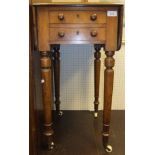 An early Victorian mahogany drop leaf Pembroke work table on turned legs to china castors