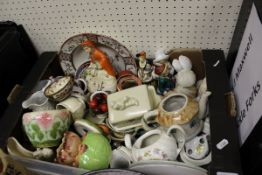 Two boxes of assorted china wares to include Staffordshire Spaniel, Nat West piggy bank,