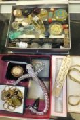 A box of various costume jewellery, Victorian carved ivory cribbage board and markers,