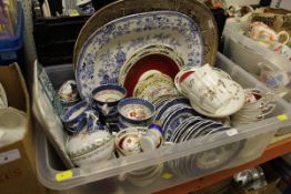 Three boxes of assorted decorative china wares, together with various pewter measures,