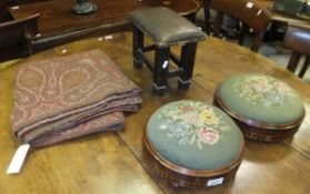 A pair of Victorian walnut circular footstools with Tunbridge ware type decoration and woolwork