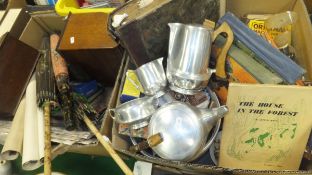 Two boxes of miscellaneous items to include a stainless steel four piece Piquot ware tea and coffee