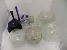 A collection of glassware to include Bristol blue plates, an amethyst coloured glass stem vase,