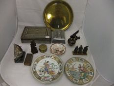 An Eastern inlaid rectangular box, a circular brass tray, a small collection of Oriental plates,