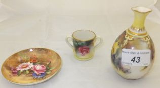 A Royal Worcester Hadley ware floral decorated vase (date mark for 1905), miniature loving mug (