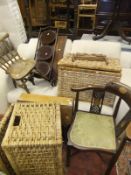 An Edwardian mahogany and inlaid corner chair, a child's stick back chair,