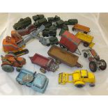 A box of various play worn toy vehicles including Corgi Major Priestman Digger, Corgi Jeep FC150,