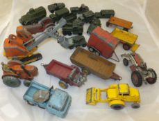 A box of various play worn toy vehicles including Corgi Major Priestman Digger, Corgi Jeep FC150,