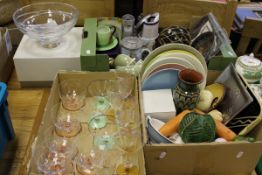 Three boxes of various glassware and china including sundae dishes, wine glasses, various plates,