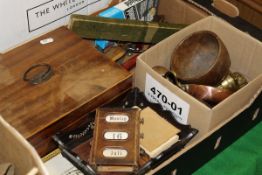 A wooden jewellery box containing assorted costume jewellery, various knives, brassware,