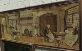 A fabric panel in shades of brown and cream depicting women in an interior