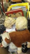 Two vintage dolls, a Merrythought bull plush toy, collection of old postcards,