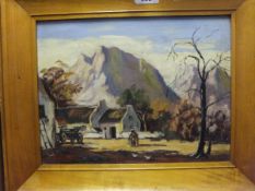 MADGE BURNETT "Study of South African farmhouse", oil on board, together with one other,