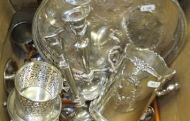 A box of assorted plated wares to include two galleried trays, pair of candlesticks,