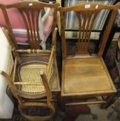 A pair of 19th Century elm panel seated chairs and a cane seated bedroom chair