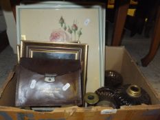 A Masonic apron in leather case, four assorted brass candlesticks, a Victorian glass oil lamp, 
A.