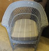 A set of four blue grey painted wicker conservatory armchairs and two similar standard chairs