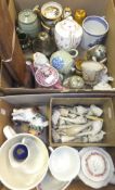 Two boxes of various chinawares including teapots, mugs, clay pipes,