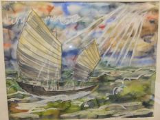 ROY CALNE "Junk in choppy seas", watercolour,