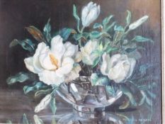 MARION BROOM (1878-1962) "Still life of flowers in a glass bowl", oil on canvas,