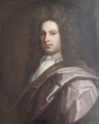 18TH CENTURY ENGLISH SCHOOL "Gentleman in wig with white stock and purple satin cloak", oil on