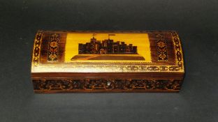 A 19th Century Tunbridgeware dome top glove box, the lid with image of Eridge Castle,