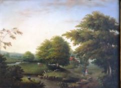 19TH CENTURY ENGLISH SCHOOL "Near Cirencester", landscape study with figures, oil on panel,