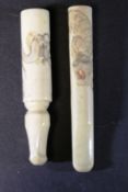 A 19th Century Japanese Meiji period carved ivory cheroot/cigarette holder polychrome decorated