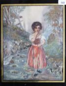 A long-stitch needlework of a young girl by the edge of a stream, with hand-painted face and arms,