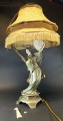 A circa 1900 Continental patinated bronze figural lamp of a Japanese dancing girl with fan, ivory