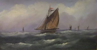 ENGLISH SCHOOL "Fishing boats in choppy seas", oil on board, a pair, unsigned, 25 cm x 43.