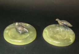 A pair of onyx based ashtrays with Austrian cold painted bronze grouse and woodcock, 11.