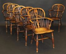 A composite set of six 19th Century Yorkshire bent arm Windsor chairs, the hoop back with pierced
