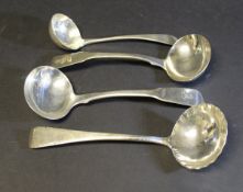 Four assorted silver sauce ladles to include one ladle by John Hunt and Robert Roskell, London,
