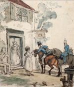 ATTRIBUTED TO THOMAS ROWLANDSON "Cavalry figures before an inn with chickens in foreground",