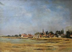 NADIA BENOIS (1896-1975) "Bosham harbour", with village and church spire in background, oil on