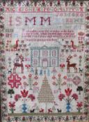 A needlework sampler by Janet Sharp, dated 1812, featuring a religious passage, the alphabet, a