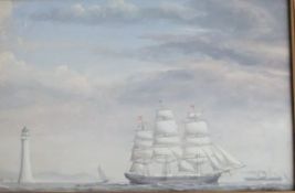 CONTINENTAL SCHOOL "Steamer ship with sails, and lighthouse", oil on panel, unsigned,