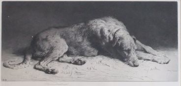 HERBERT DICKSEE (1862-1942) "Waiting", study of a recumbent hound, black and white etching,