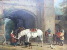 HENRY BARRAUD (1811-1874) "Courtyard scene with woman feeding horses in foreground", oil on panel,