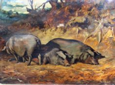 JOHN EMMS (1843-1912) "Three black pigs in a woodland", oil on canvas, signed and dated '73 bottom