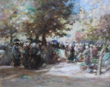 THOMAS WILLIAM MORLEY (1859-1925) "Crowded scenes, market place with trees",