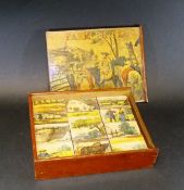 A Victorian Farm Bricks child's puzzle set in pine box with printed illustration to lid, size of box