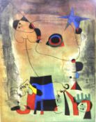 AFTER JOAN MIRO (1893-1983) "Composition on a green background with stylised face, a urinating dog