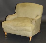 A modern Hart Villa olive green upholstered armchair in the Howard manner with shaped side rails