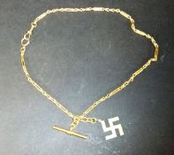 A Continental 15 carat gold fancy chain link watch chain, set with T bar and Swastika pendant,