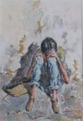 RICOLOPEZ (1925-) "Young boy with basket", pastel, signed bottom right,