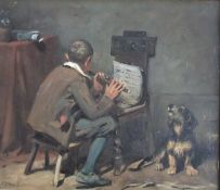 JOHN EMMS (1843-1912) "The Flute Practice", oil on canvas, signed bottom left, 25 cm x 29.5 cm