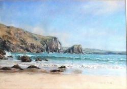 LYNNE CLARKE "Kynance Cove", study from the shore, watercolour heightened with white,