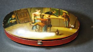 A 19th Century tobacco box, the lid hand-painted with topers and serving wench in a tavern scene,